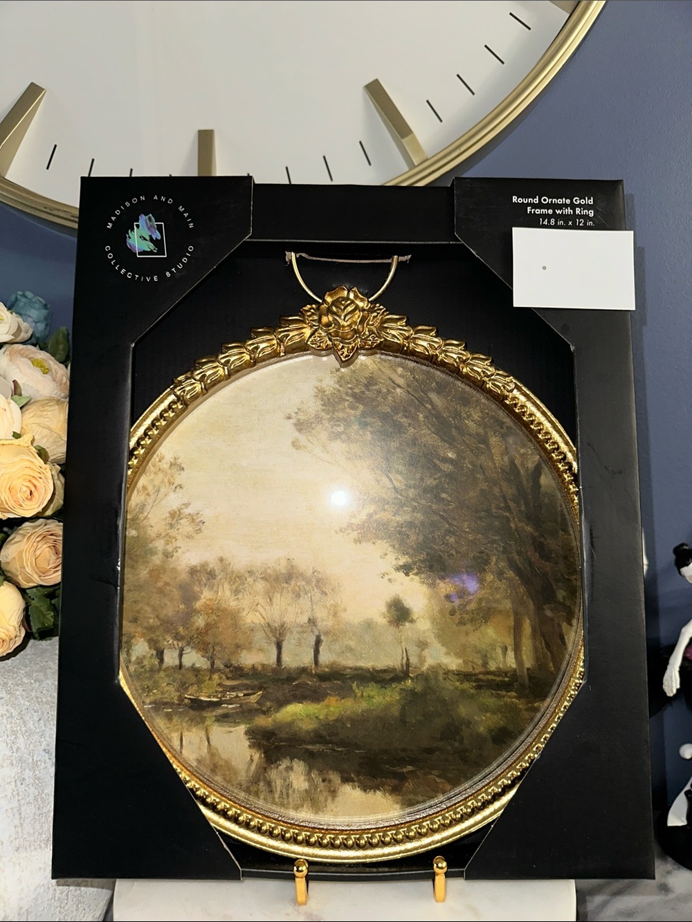 Round Ornate Gold Frame Wall Art - moody Landscape Painting
